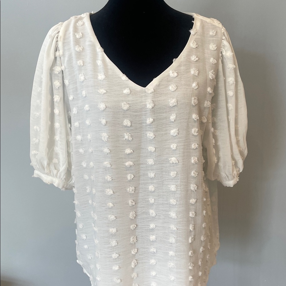 Women’s White Swiss Dot V-Neck Puff Sleeve Top small like new